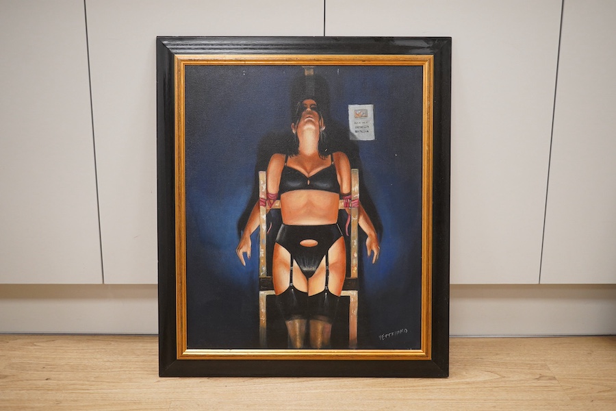 After Vettriano, oil on canvas, Portrait of a woman wearing lingerie, 60 x 49cm. Condition - good